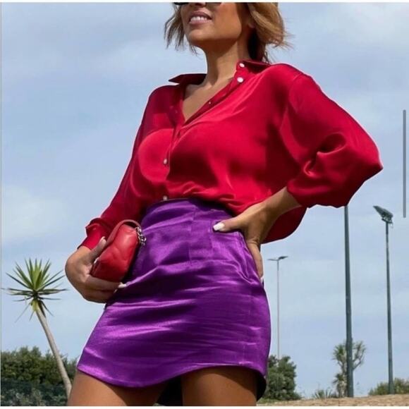 Zara Purple Satin Effect Mini Skirt Size Small - Picture 1 of 16